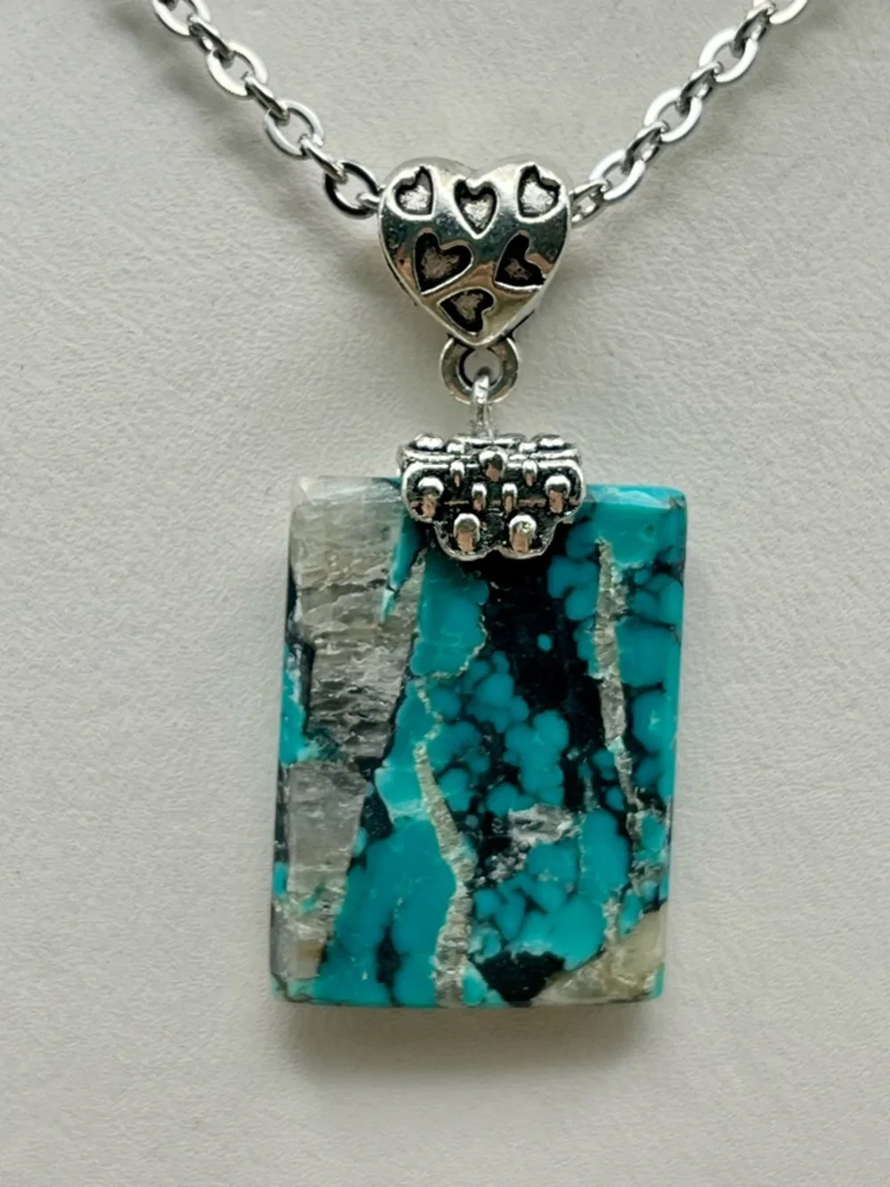 Turquoise Stone Rectangle Pendant Necklace - Silver Tone